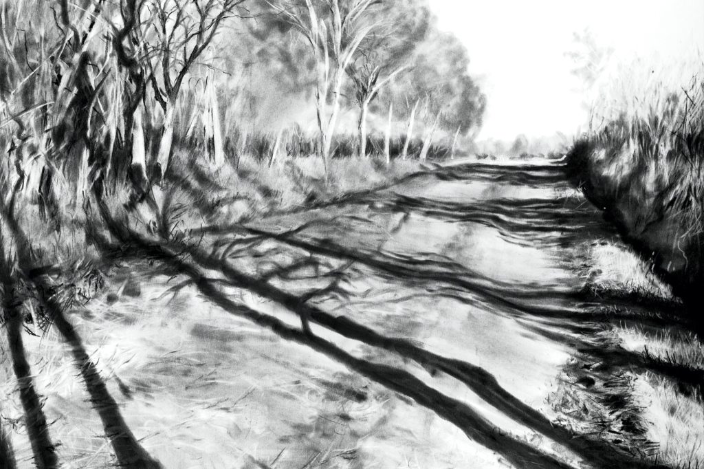Dessin au fusain et pastel représentant un paysage de campagne